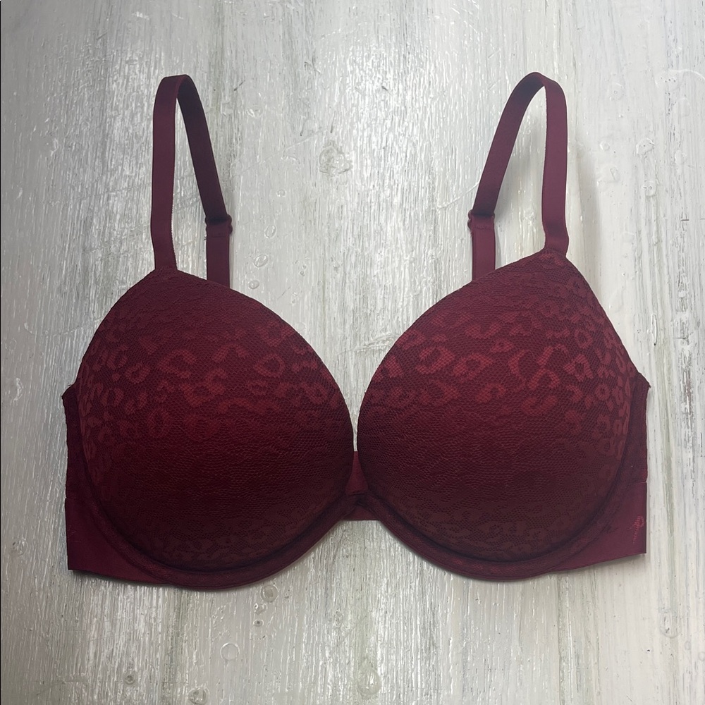 Victoria's Secret PINK Wear Everywhere Push-Up Bra Maroon Cheetah Print Sz 32DD